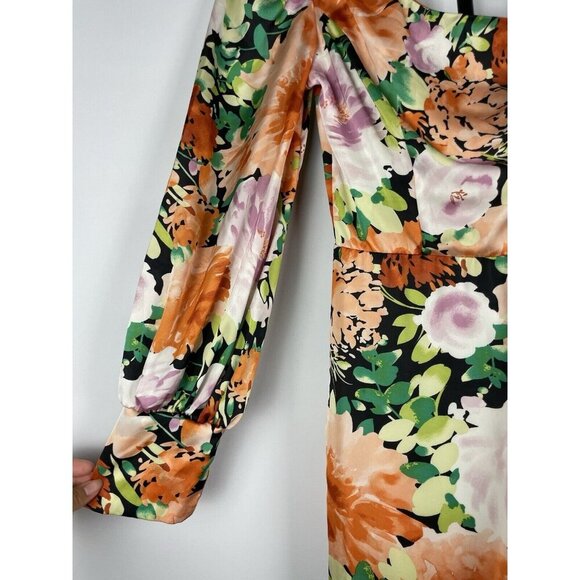 Lulu’s Lovin' It Orange Multi Floral Print Satin One-Shoulder Jumpsuit Size S - Picture 7 of 16